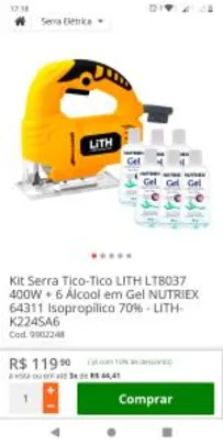 Kit Serra Tico-Tico LITH LT8037 400W + 6 Álcool em Gel NUTRIEX 64311 Isopropílico 70% - LITH-K224SA6