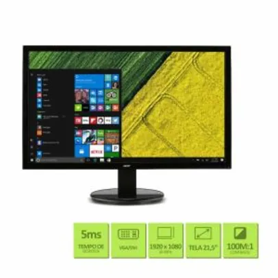 Monitor Acer 21,5´ Full HD 5ms VGA/DVI Ajuste de Inclinação de -5 a 25 Graus VESA K222HQL R$420