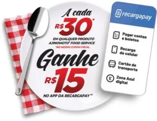 Compre R$30 em Ajinomoto e ganhe R$15 pra pagar boleto no RecargaPay