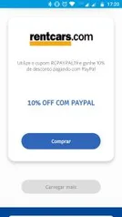 10% OFF no aluguel de carro da RentCars usando Paypal