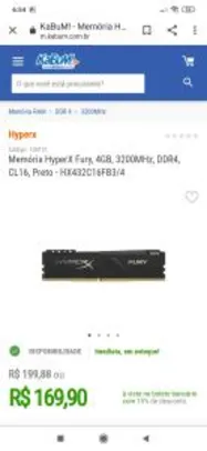 Memória HyperX Fury, 4GB, 3200MHz, DDR4, CL16 R$ 170