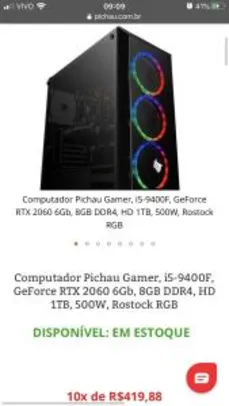 COMPUTADOR PICHAU GAMER, I5-9400F, GEFORCE RTX 2060 6GB, 8GB DDR4, HD 1TB, 500W, ROSTOCK RGB - R$3694