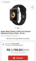 Apple Watch Series 3 GPS com Pulseira Esportiva Cinza e Preto - 42 mm - R$ 1709,00 12 x sem juros com AME