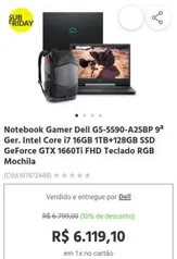 Notebook Gamer Dell G5-5590-A25BP 9ª Ger. Intel Core i7 16GB 1TB+128GB SSD GeForce GTX 1660Ti FHD Teclado RGB Mochila