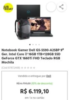 Notebook Gamer Dell G5-5590-A25BP 9ª Ger. Intel Core i7 16GB 1TB+128GB SSD GeForce GTX 1660Ti FHD Teclado RGB Mochila