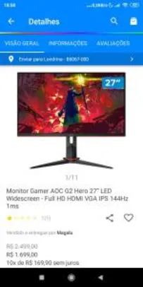 Monitor Gamer AOC G2 Hero 27” LED Widescreen - Full HD HDMI VGA IPS 144Hz 1ms R$1.614