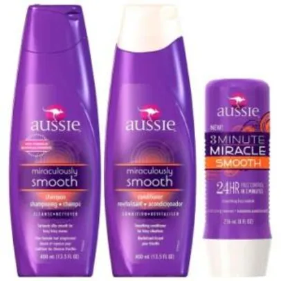 Kit Completo Aussie Smooth para Controle de Frizz: 1 Shampoo 400ml + 1 Condicionador 400ml + 1 Tratamento de 3 Minutes Miracle 236ml - R$60