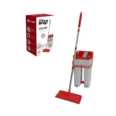 Balde MOP WAP Multiuso Duplo Compacto Lava e Seca 8 Litros Flat com Refil de Microfibra, Cinza com Vermelho