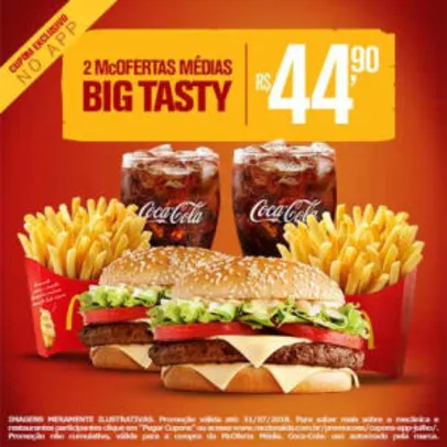 2 McOfertas Médias Big Tasty no McDonald's - R$44,90