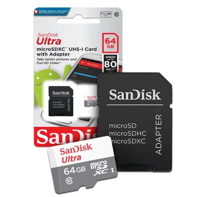 Cartão de Memória 64GB SanDisk Ultra MicroSDHC C10 uhs-i 80MB/s