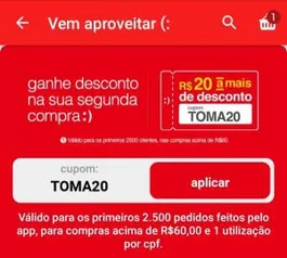 [APP] Ganhe R$20,00 a mais de desconto na sua segunda compra