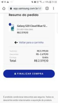 S20 Cloud Blue 128gb | Cartão Santander | R$2519