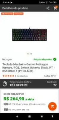 Teclado mecânico Redragon Kumara RGB Switch Outemu Black PT-K552RGB-1 | R$265