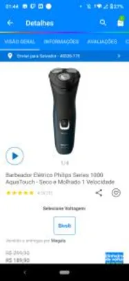 [Cupom + Cashback: R$140] Barbeador Elétrico Philips Series 1000 AquaTouch | R$ 180