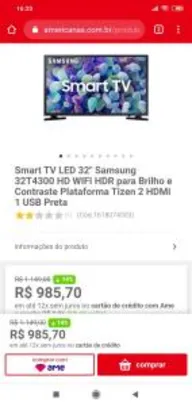 Saindo por R$ 985,7: Smart TV LED 32" Samsung 32T4300 HD | R$ 986 | Pelando