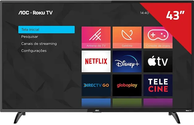 Smart TV AOC Roku LED 43'' 43S5195/78 com Wi-Fi Full HD 3 HDMI 1 USB com Controle Remoto com atalhos Roku Mobile Miracast,