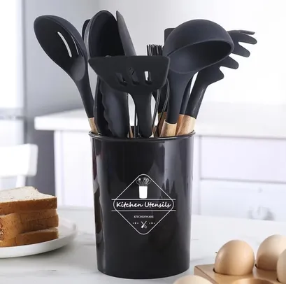 KIT de Utensílios Para Cozinha em Silicone e Bambu 12 Peças - Cor Aleatória