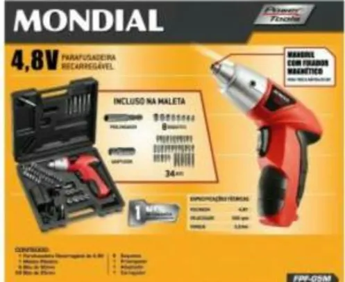 Parafusadeira Elétrica Mondial - Bt 4,8V 200rpm c/ Maleta - R$65