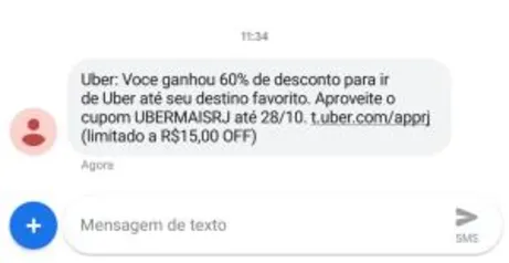 [RJ] 60% OFF em uma Corrida na Uber