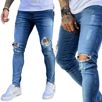 Calça Jeans Masculina Super Skinny Rasgada No Joelho C Lycra