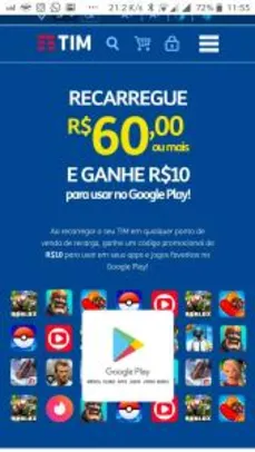 RECARREGUE
R$60,00ou mais
E GANHE R$10
para usar no Google Play!