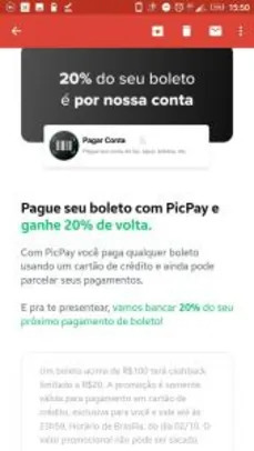 20% de cashback pagando boleto com o picpay (usuários selecionados)