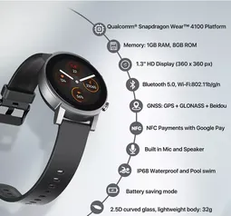 Smartwatch Ticwatch E3 - Wear OS, Snapdragon 4100, 8GB ROM, IP68 À Prova D' Água, NFC.