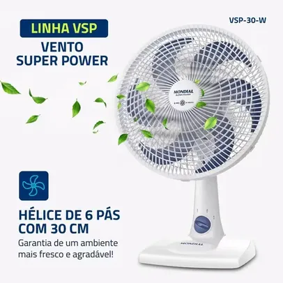 Ventilador De Mesa Mondial Super Power 6 Pás 60W 30Cm Branco e Azul Escuro VSP-30-W - 127V - 110V