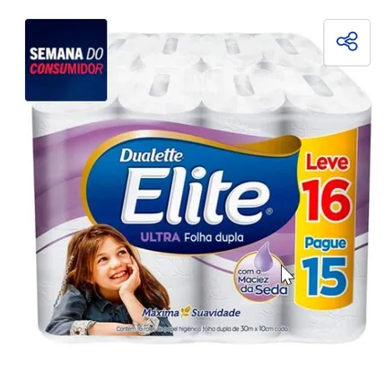 Papel Higiênico Elite Dualette Folha Dupla Ultra - 16 Rolos