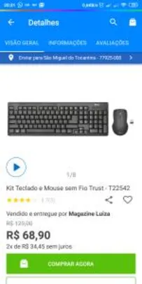Kit Teclado e Mouse sem Fio Trust - T22542 - R$49