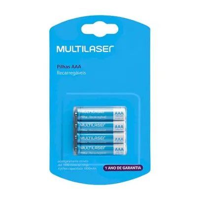 Com AME R$18| Pilhas Recarregáveis Aaa Multilaser 1000Mah 4 Un.- CB050