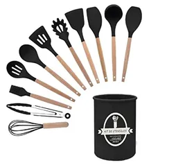 Jogo Utensílios de Cozinha em Silicone Madeira 12 Peças (Preto)