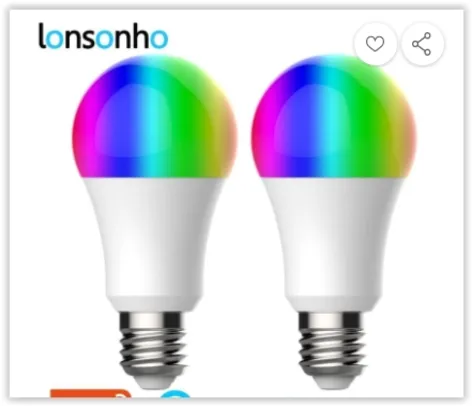 [AME R$ 45] 2 Lâmpadas LED Inteligentes Lonsonho Tuya E27 9W - rgb com Conexão WiFi | R$ 90