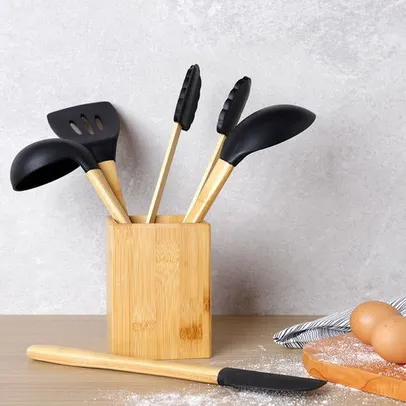 [R$ 11,69 AME SC] Conjunto de Utensílios com 5 peças + Suporte - La Cuisine Linha Bambu