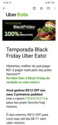 R$12 OFF nos 3 primeiros pedidos no Uber Eats
