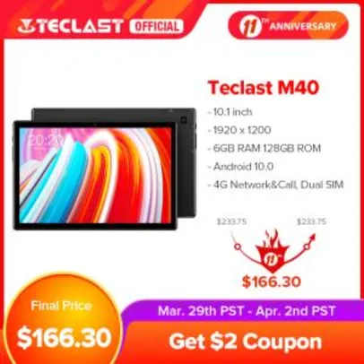 Saindo por R$ 947: Tablet Teclast 10.1" M40 Full HD 6GB+128GB 4G | R$947 | Pelando