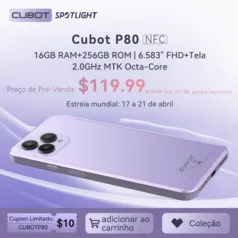 Cubot P80, 2023 Novo smartphone, versão global, 16GB RAM(8GB + 8GB Estendido), 256GB de ROM, NFC, Ec