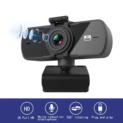 Webcam 2k full hd 1080p com microfone, foco automático, usb, para pc, computa