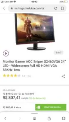 Monitor Gamer AOC Sniper G2460VQ6 24” LED - Widescreen Full HD HDMI VGA 83KHz 1ms R$807