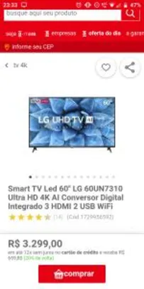 Smart TV Led 60'' LG 60UN7310 Ultra HD 4K AI | AME R$2639