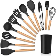 Kit 12 Utensílios De Cozinha Em Silicone E Cabo De Madeira Jogo De Utensílios Resistente Ao Calor Antiaderente Premium Cor Preta