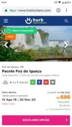 Pacote Foz do Iguaçu Passagem Aérea + Hospedagem com Café da Manhã | R$686