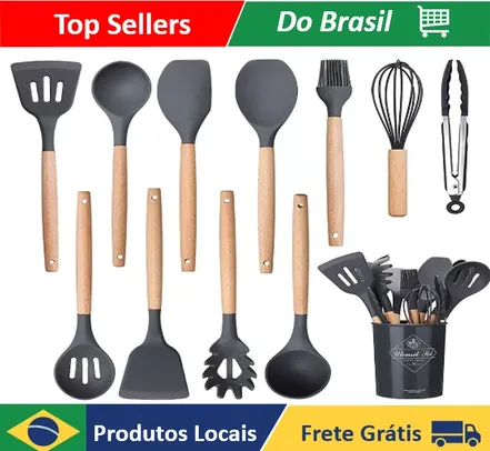 [Selecionados/ Moedas R$ 28,23 / APP] Kit 12 Utensílios De Cozinha Em Silicone E Cabo De Madeira 