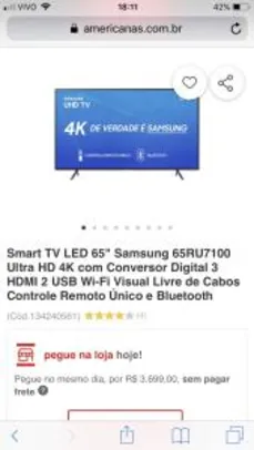 [R$2.898 AME] Smart TV LED 65" Samsung 65RU7100 UHD 4K | R$3.220