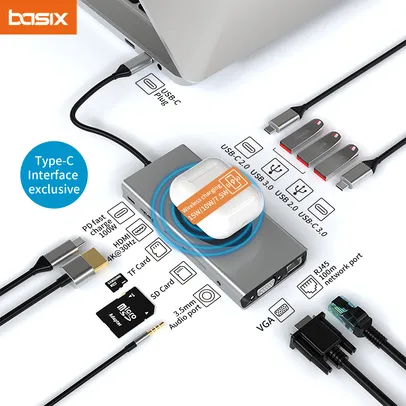 Basix - USB Tipo C HUB Dock, Adaptador compatível, Carregamento sem fio 20W, 1000M Porta de rede RJ45, USB 3.0, Dock, Divisor USB