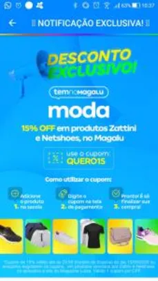 15% OFF em produtos Netshoes e Zattini