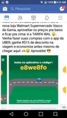 Desconto de 15 reais da uber Salvador para Walmart Vasco da Gama e barra