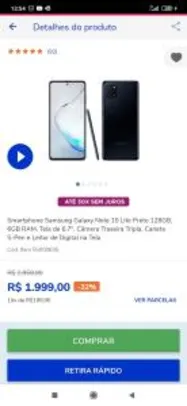 Smartphone Samsung Galaxy Note 10 Lite Preto 128GB | R$1999