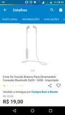 Fone De Ouvido Branco Para Smartwatch Conexão Bluetooth Dz09 - Gt08 - Importado por R$ 19