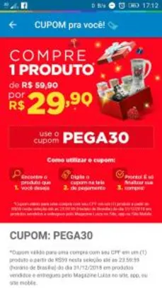 Cupom de 30 reais de  desconto para produtos acima de 59 reais na Magazine Luiza | Pelando